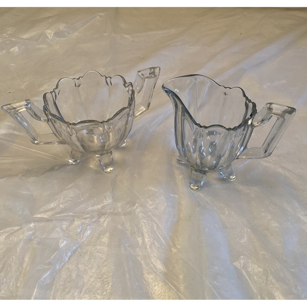 VTG Indiana Glass Colonial Sugar Bowl & Creamer Set Clear Pressed Glass Footed